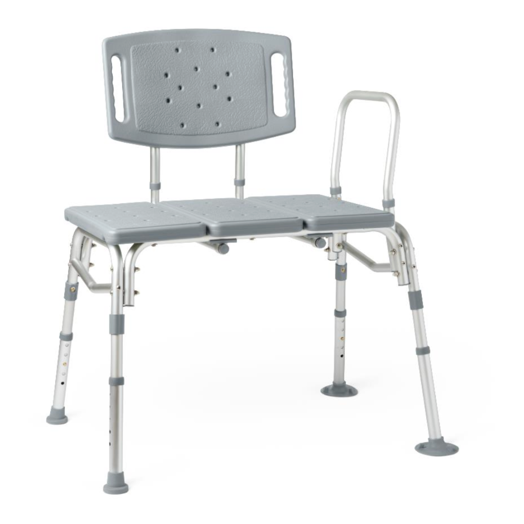 The Medline Bariatric Knockdown Transfer Bench, in gray heavy-duty aluminum, offers a supportive backrest, two large seat panels with drainage holes, an armrest on one side, non-slip rubber feet, and a 550 lb weight capacity to meet bariatric needs safely and stably.